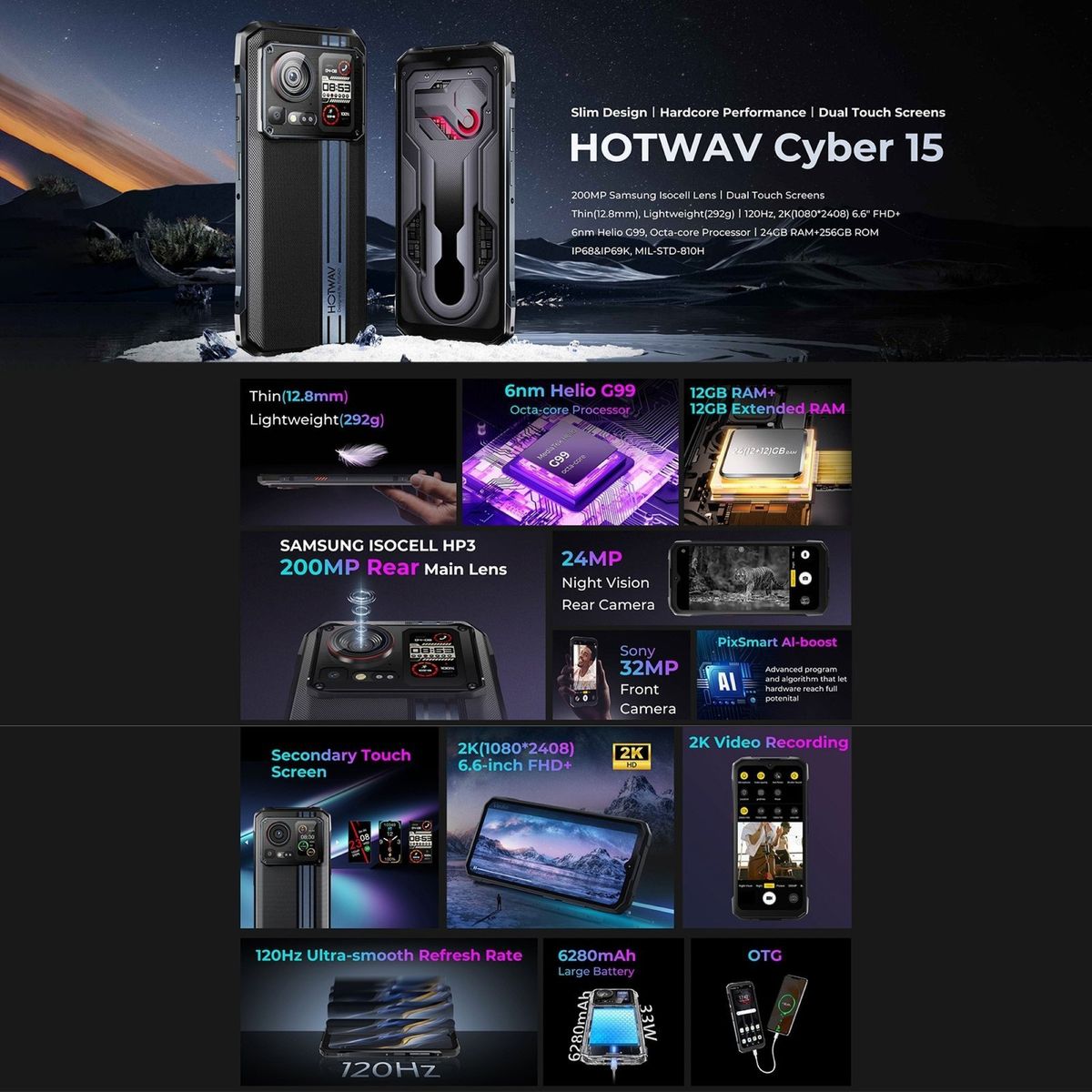 DOOGEE - HOTWAV Cyber 15 - Smartphone Resistente con Cámara de 200MP y Pantalla Secundaria.