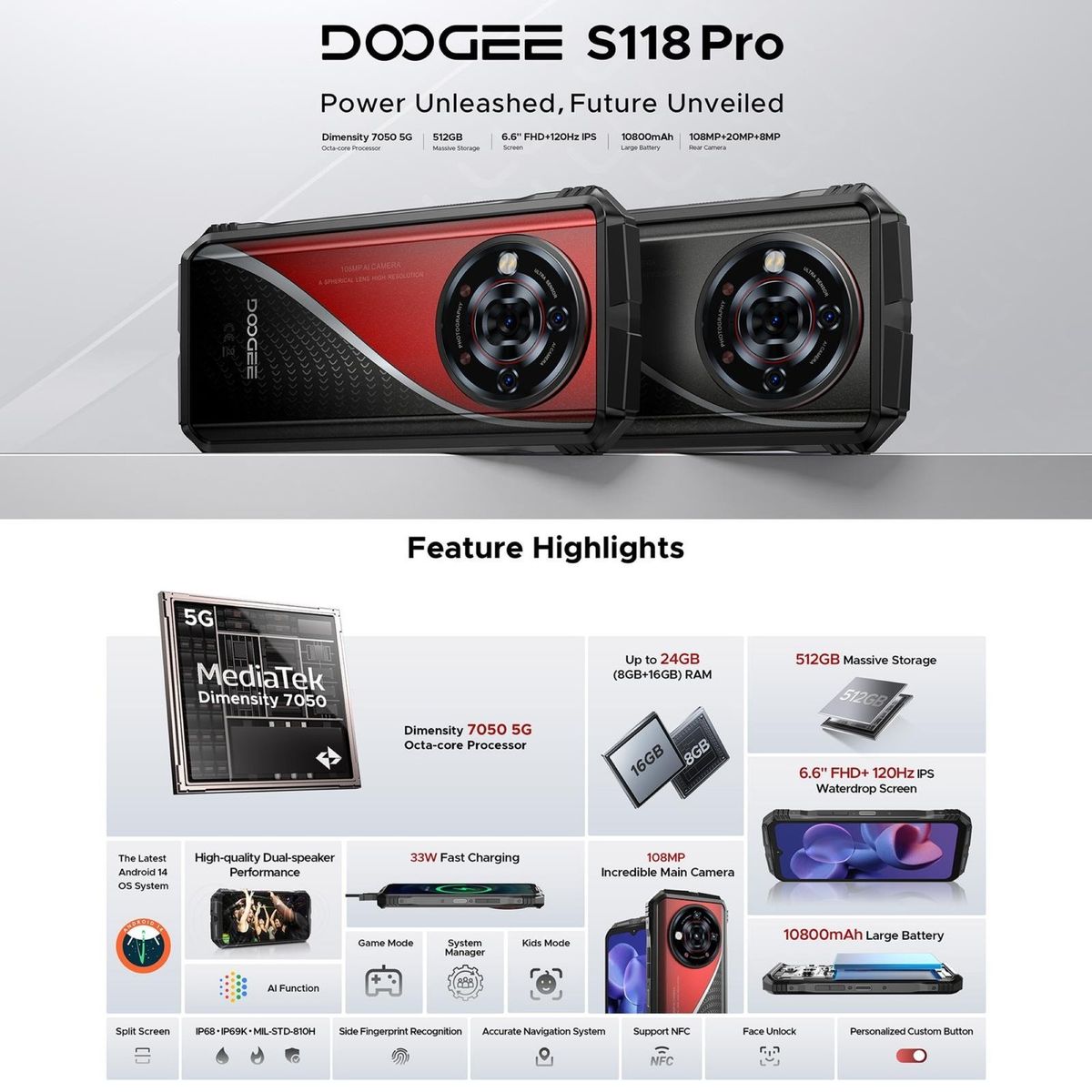DOOGEE - DOOGEE S118 Pro - Smartphone Rugerizado con 24GB RAM y Cámara de 108MP
