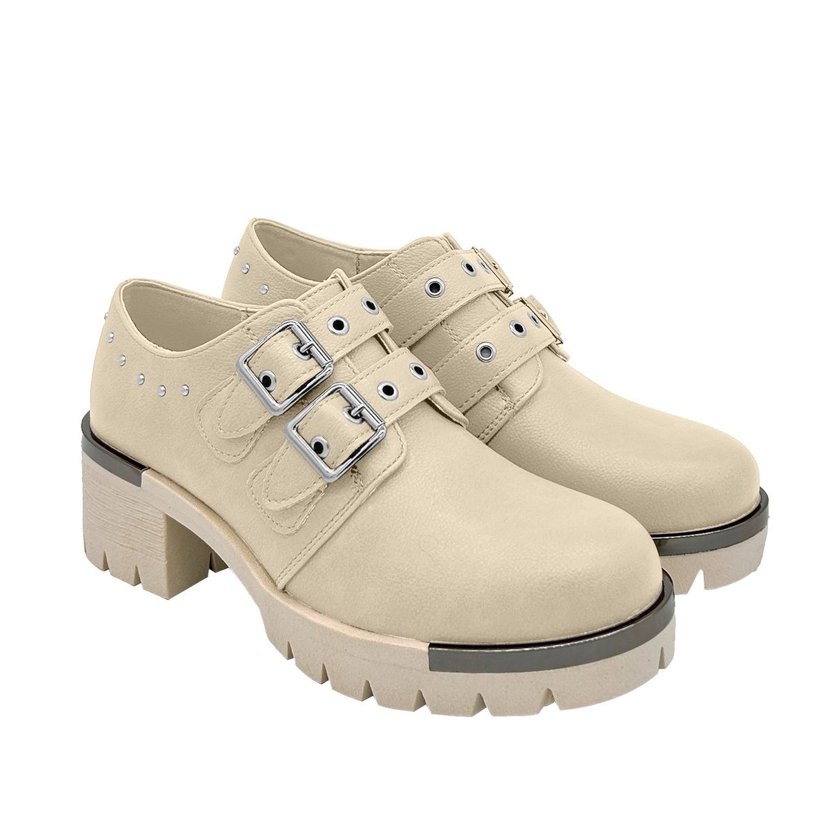 DINASTELLA - Botin para mujer color beige, doble correa, bajo el tobillo