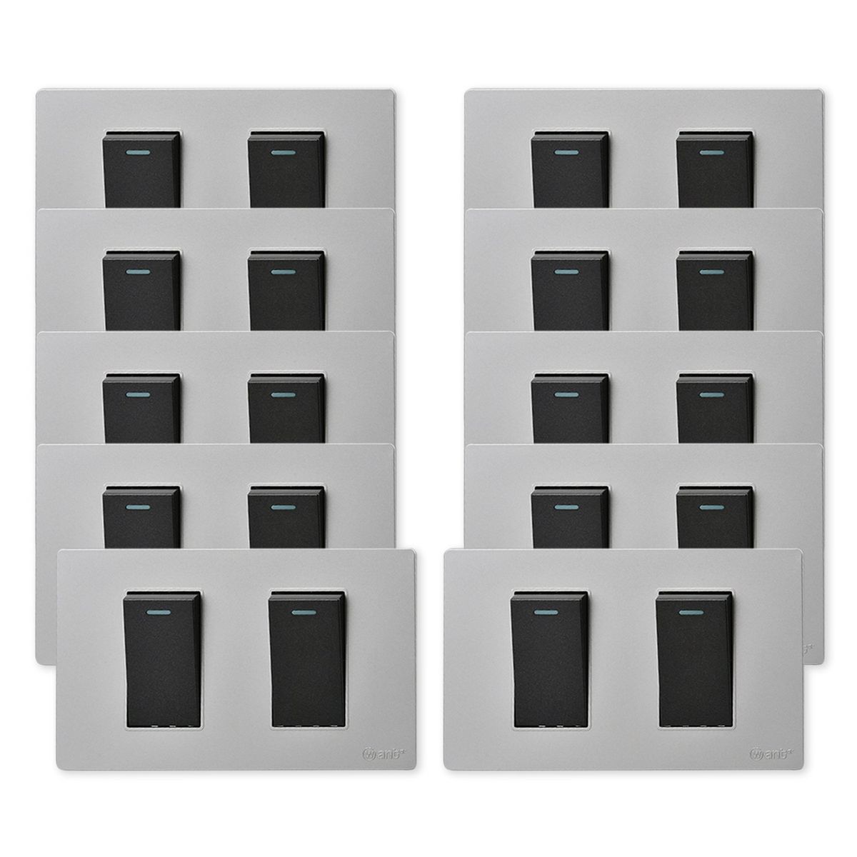 WANT - Pack 10 Interruptores Doble Metálico 9/12 16A - Gris  Negro