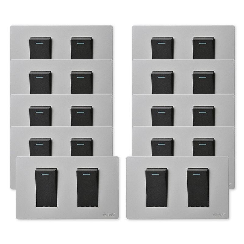 WANT - Pack 10 Interruptores Doble Metálico 9/12 16A - Gris  Negro