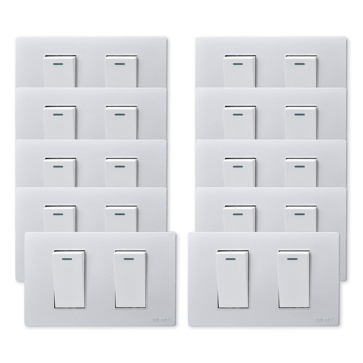 WANT - Pack 10 Interruptores Doble Metálico 9/12 16A - Gris  Blanco