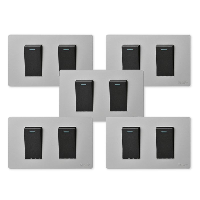 WANT - Pack 5 Interruptores Doble Metálico 9/12 16A - Gris  Negro