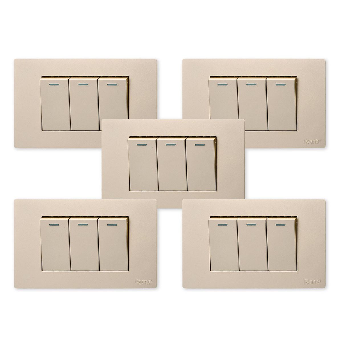 WANT - Pack 5 Interruptores Triple Metálico 9/12 16A - Dorado