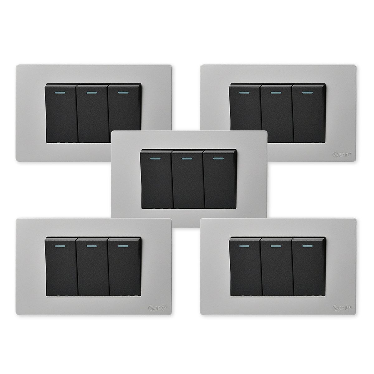 WANT - Pack 5 Interruptores Triple Metálico 9/12 16A - Gris  Negro