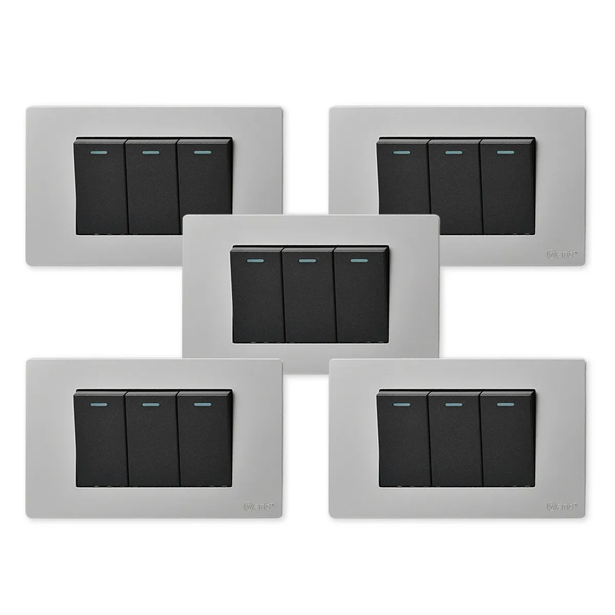 WANT - Pack 5 Interruptores Triple Metálico 9/12 16A - Gris  Negro