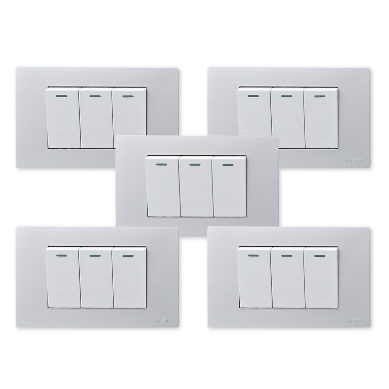 WANT - Pack 5 Interruptores Triple Metálico 9/12 16A - Gris  Blanco