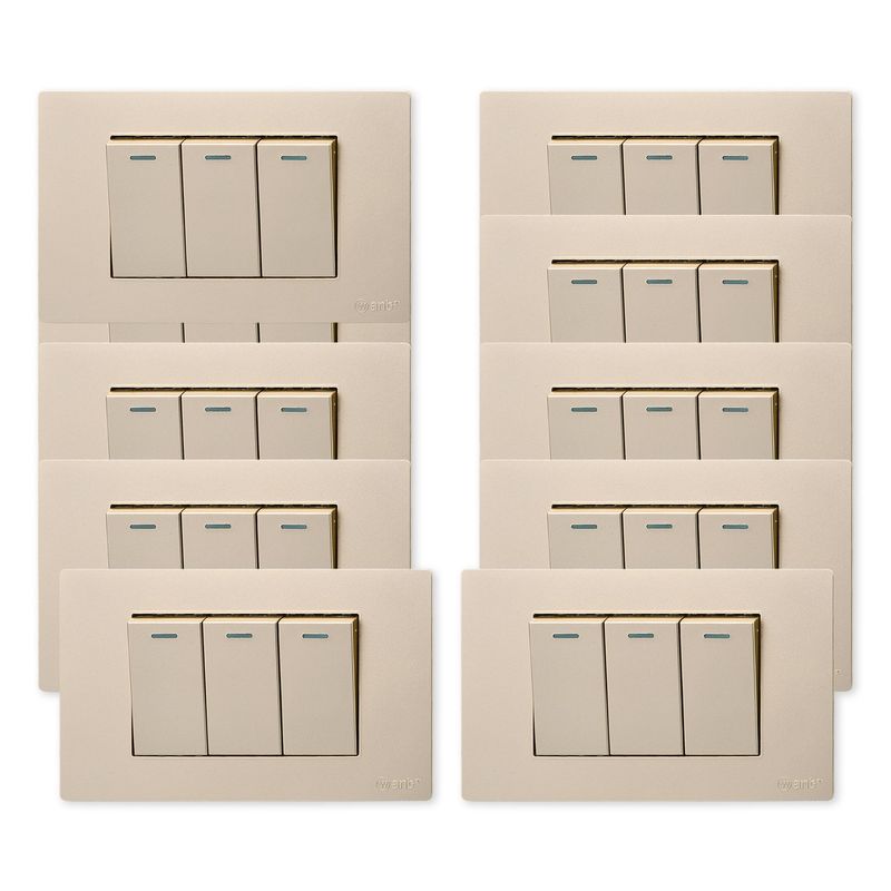 WANT - Pack 10 Interruptores Triple Metálico 9/12 16A - Dorado