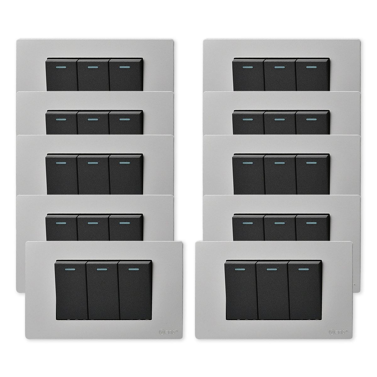 WANT - Pack 10 Interruptores Triple Metálico 9/12 16A - Gris  Negro