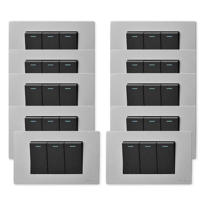 WANT - Pack 10 Interruptores Triple Metálico 9/12 16A - Gris  Negro