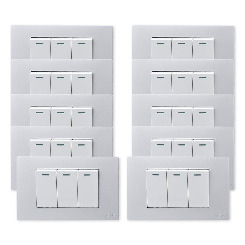 WANT - Pack 10 Interruptores Triple Metálico 9/12 16A - Gris  Blanco