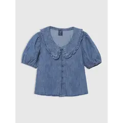 GAP - Blusa Niña Ruffle Denim Celeste