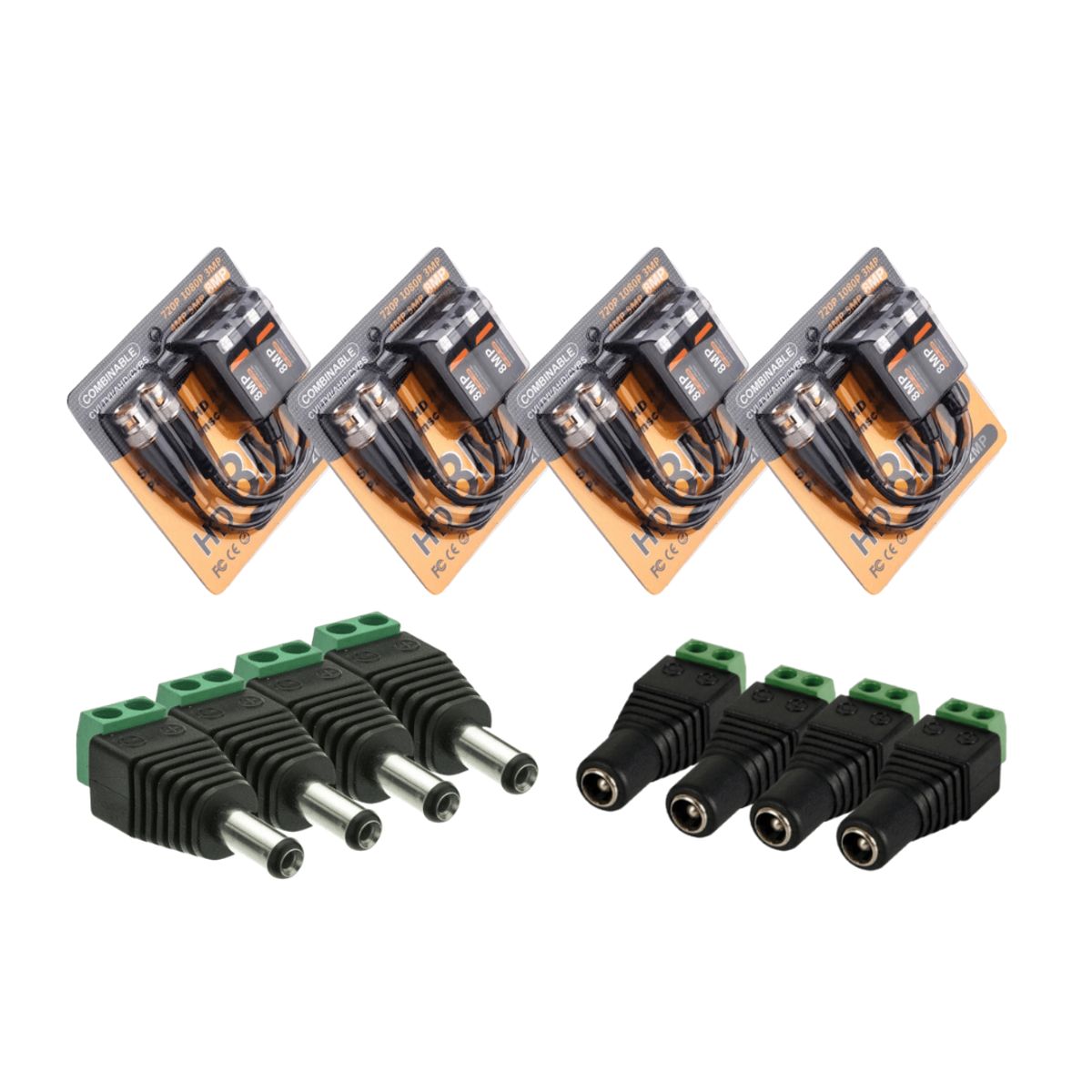 GENERICO - Kit Video Balun 8MP + 4 Pares Conectores DC Macho y Hembra para Cámaras CCTV