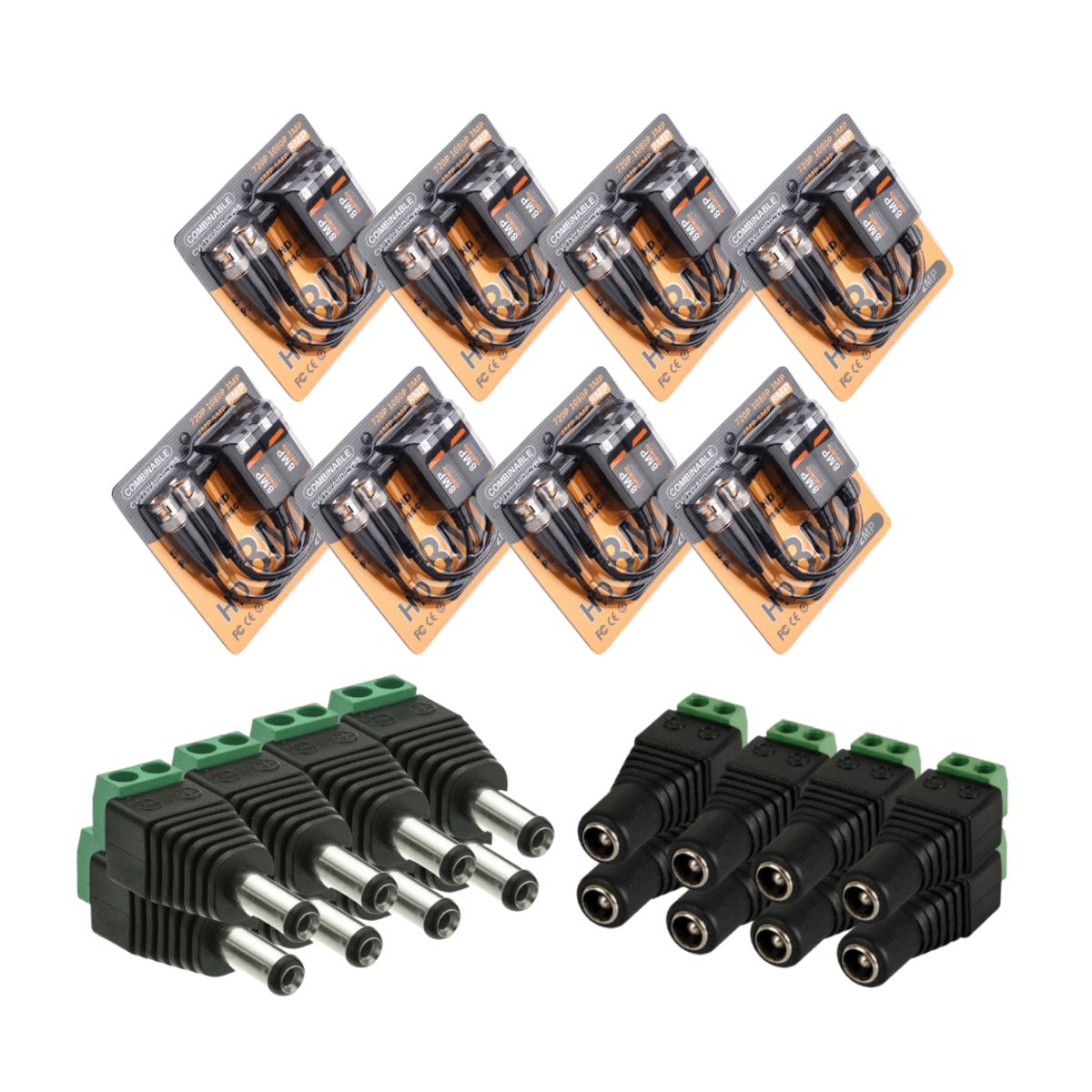 GENERICO - Pack 8 Pares Video Balun 8MP + 8 Pares Conectores DC Macho y Hembra para CCTV