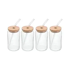 GENERICO - Pack de 4 Vasos de Vidrio con Tapa de Bambú y Bombilla 550ml