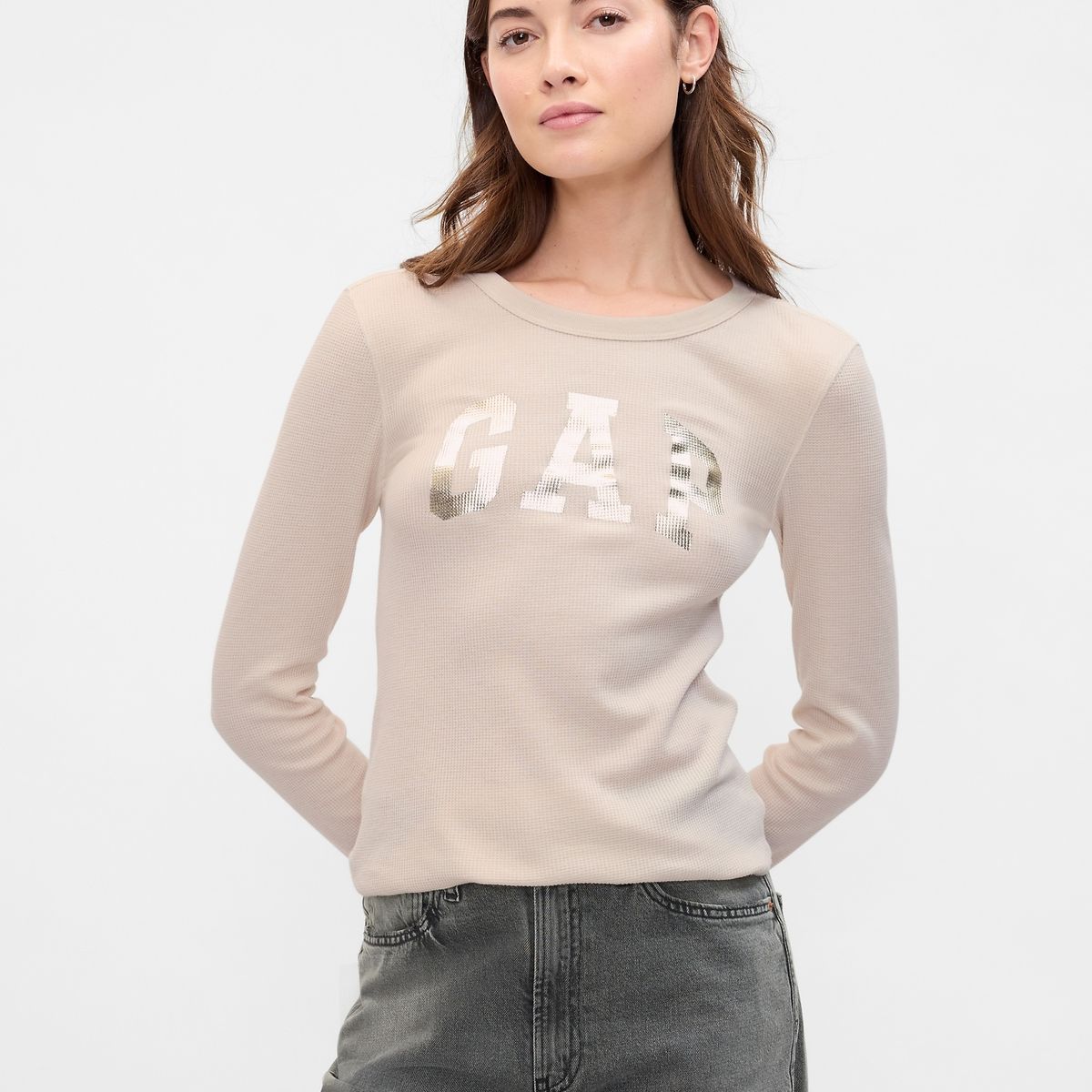 GAP - Polera Gap Waffle Manga Larga Mujer Beige