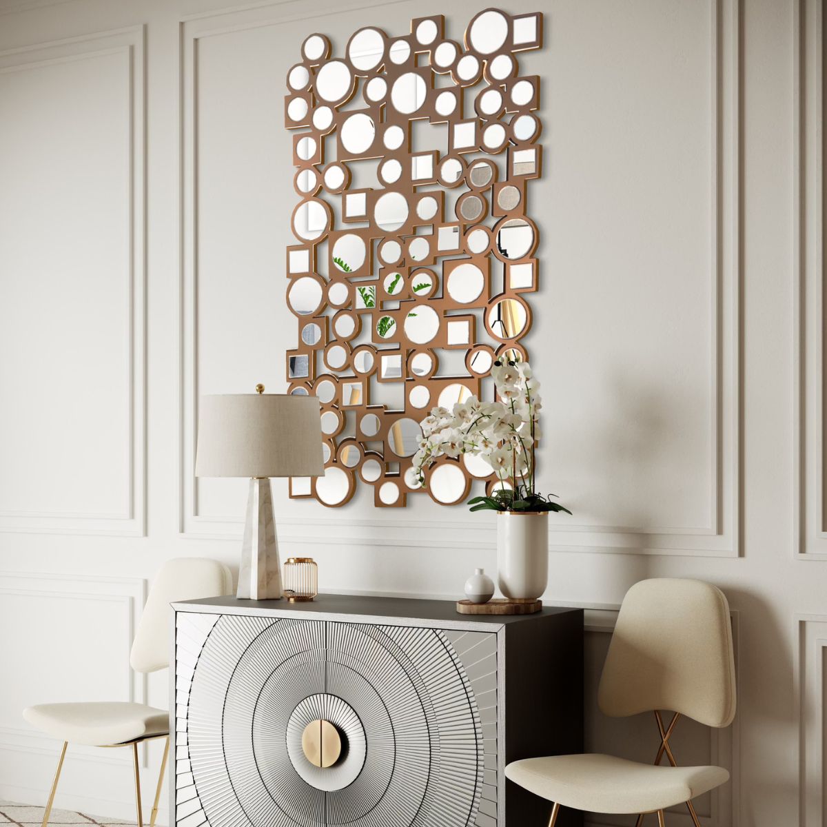 GENERICO - Espejo Decorativo Cobre  80×120con Círculos y Cuadrados Espejados