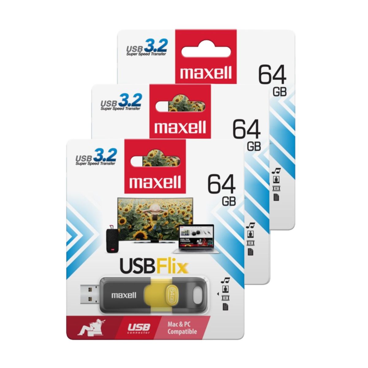MAXELL - Pack 3 Pendrive Maxell Flix 64gb 3.2
