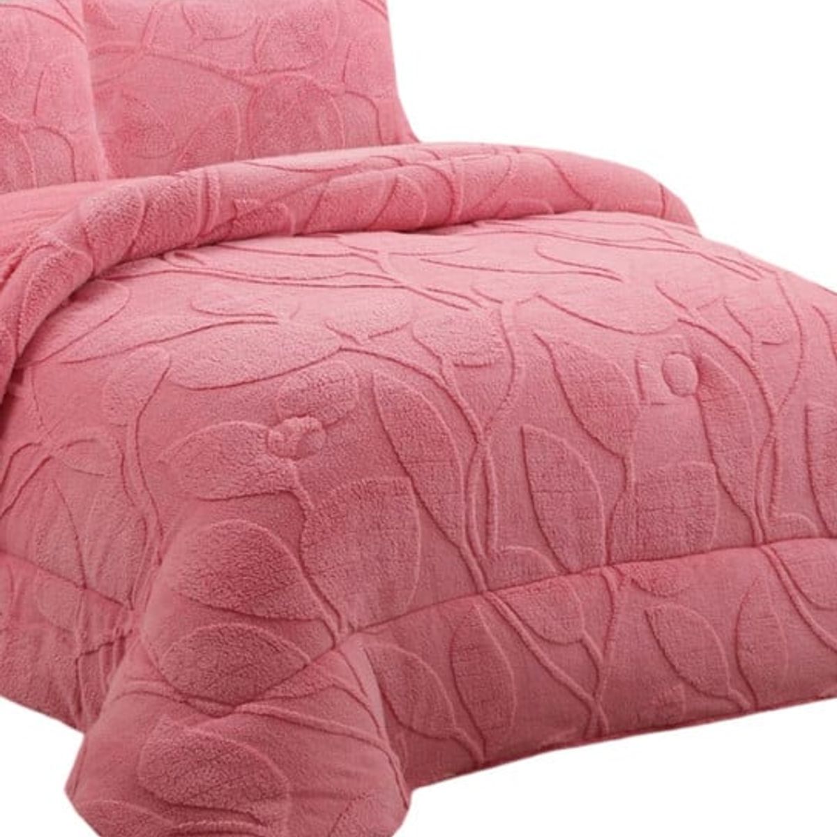 GENERICO - CUBRECAMA CHIPORRO DE INVIERNO DISEÑO HOJAS KING ROSADO