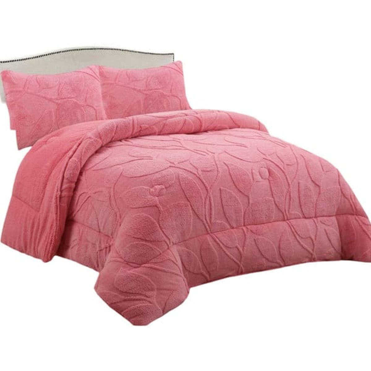 GENERICO - CUBRECAMA CHIPORRO DE INVIERNO DISEÑO HOJAS KING ROSADO