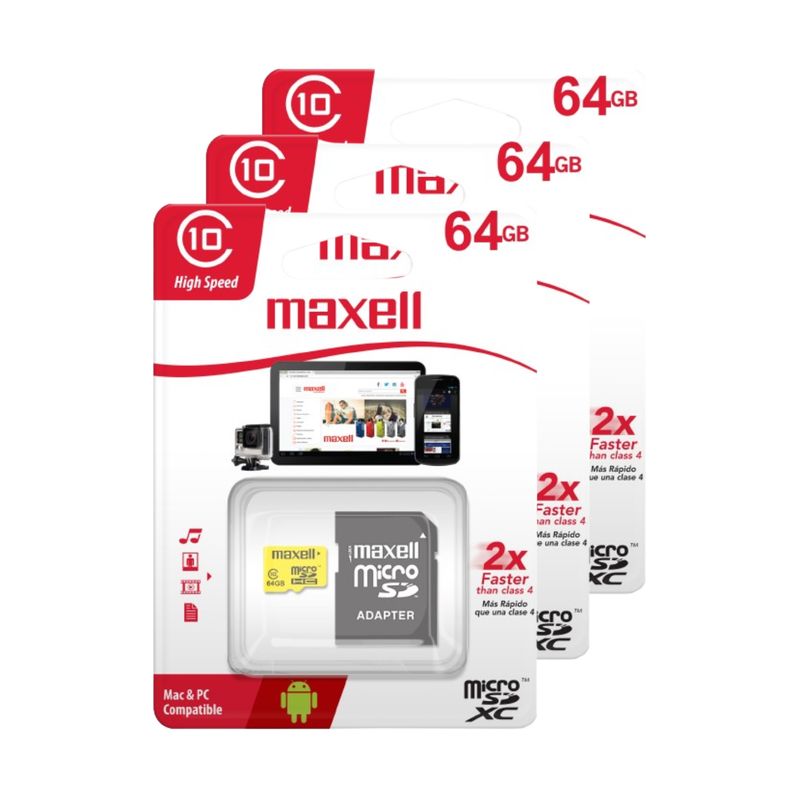 MAXELL - Pack 3 Tarjeta Micro Sd Maxell 64gb Clase 10