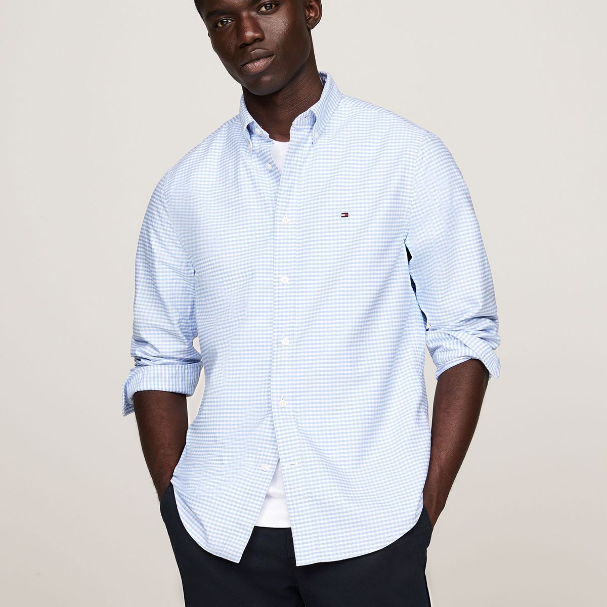 TOMMY HILFIGER - Camisa Heritage Oxford Gingham Regular Fit Celeste Tommy Hilfiger
