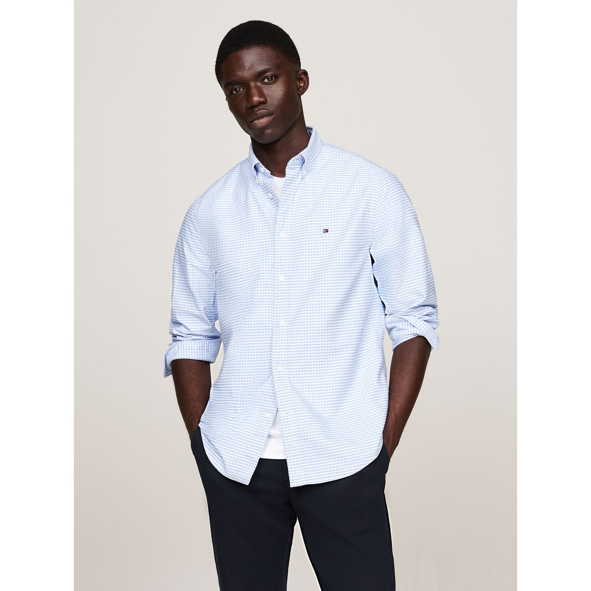 TOMMY HILFIGER - Camisa Heritage Oxford Gingham Regular Fit Celeste Tommy Hilfiger