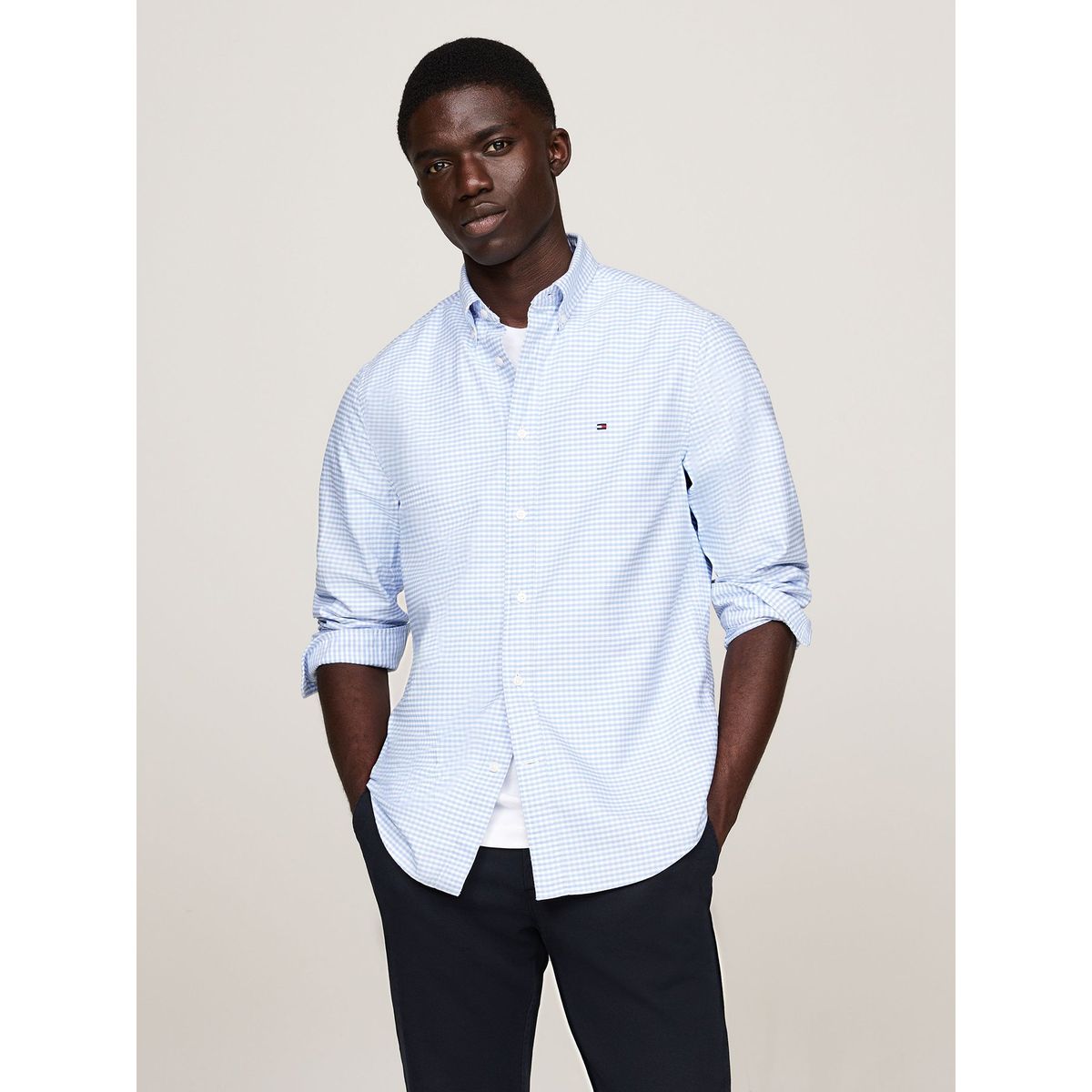 TOMMY HILFIGER - Camisa Heritage Oxford Gingham Regular Fit Celeste Tommy Hilfiger