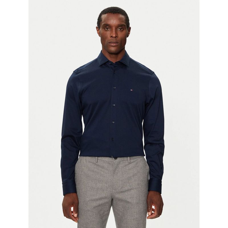 TOMMY HILFIGER - Camisa Knitted Solid Con Logo Slim Fit Azul Tommy Hilfiger