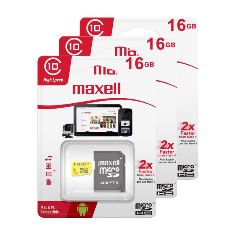 MAXELL - Pack 3 Tarjeta Micro Sd Maxell 16gb Clase 10