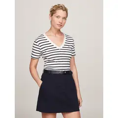 TOMMY HILFIGER - Polera A Rayas V-Neck Slim Fit Azul