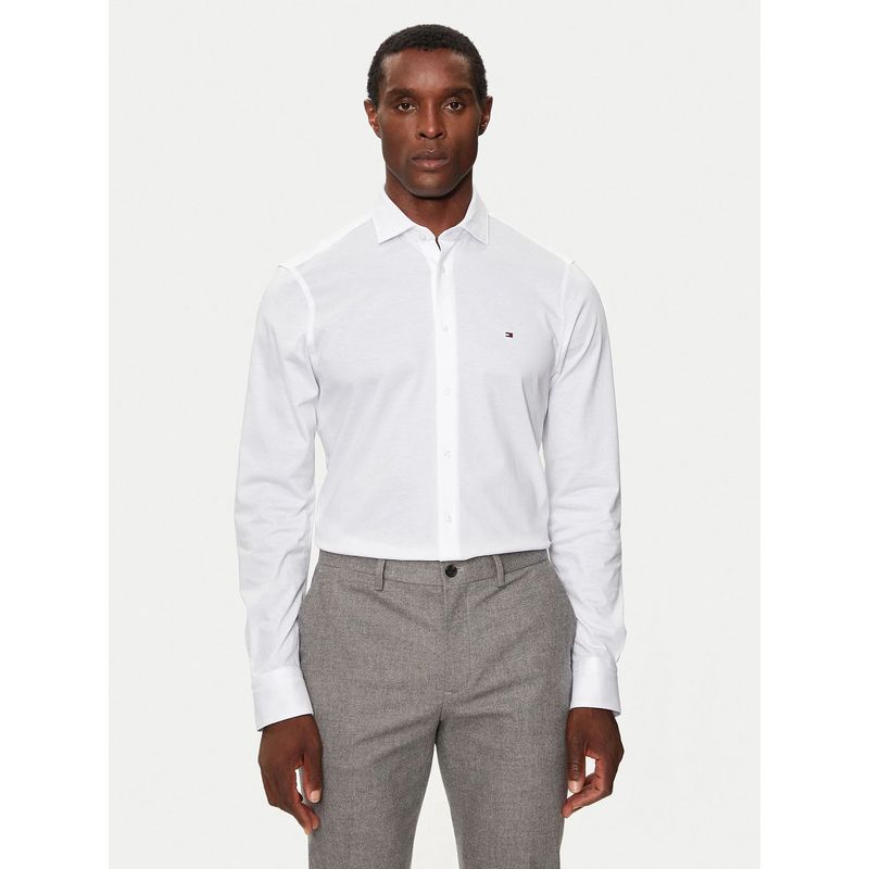 TOMMY HILFIGER - Camisa Knitted Solid Con Logo Slim Fit Blanco Tommy Hilfiger