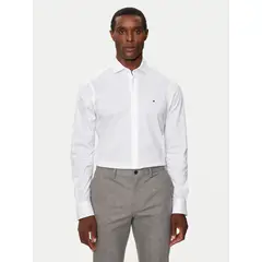 TOMMY HILFIGER - Camisa Knitted Solid Con Logo Slim Fit Blanco