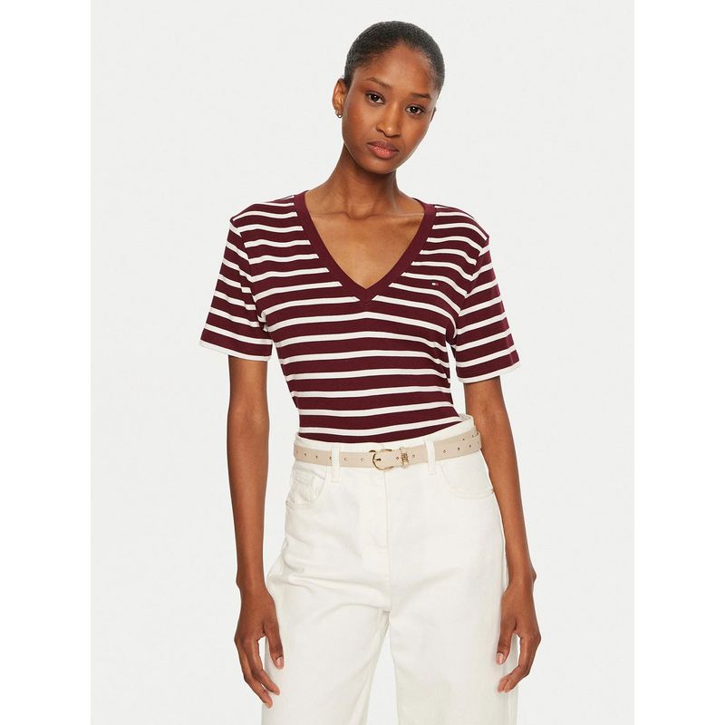 TOMMY HILFIGER - Polera A Rayas V-Neck Slim Fit Burdeo Tommy Hilfiger