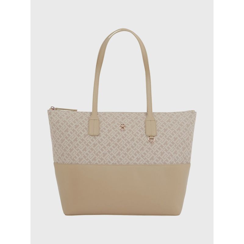 TOMMY HILFIGER - Tote Jacquard Con Monogram Beige Tommy Hilfiger