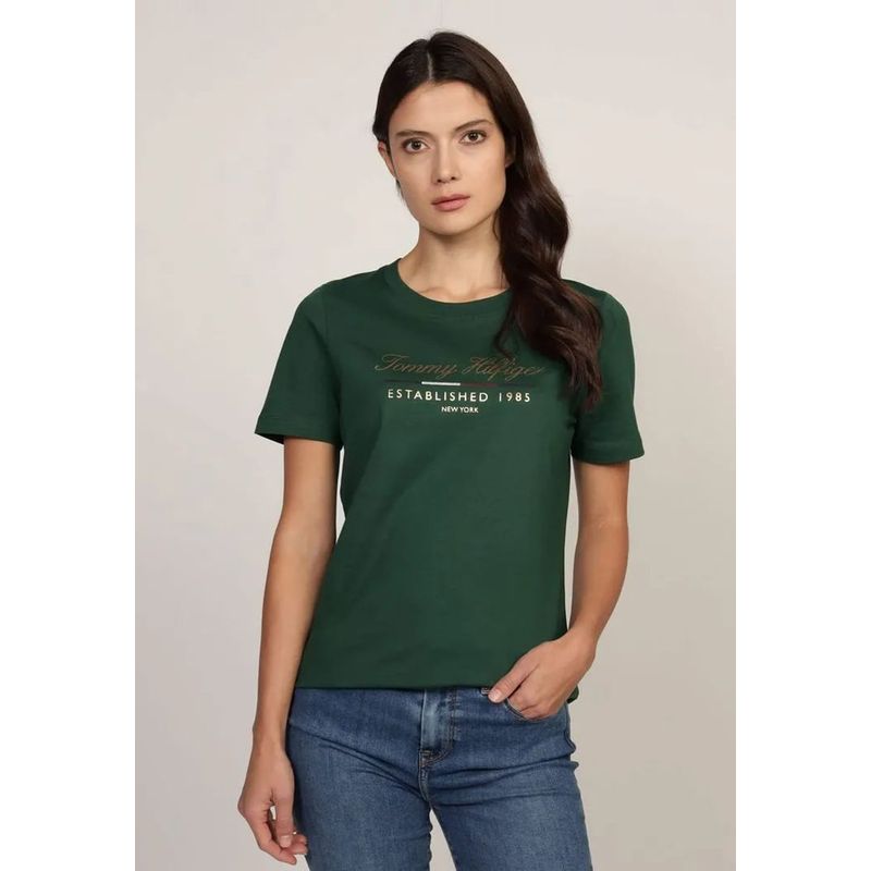 TOMMY HILFIGER - Polera Con Logo Gráfico Script Verde Tommy Hilfiger