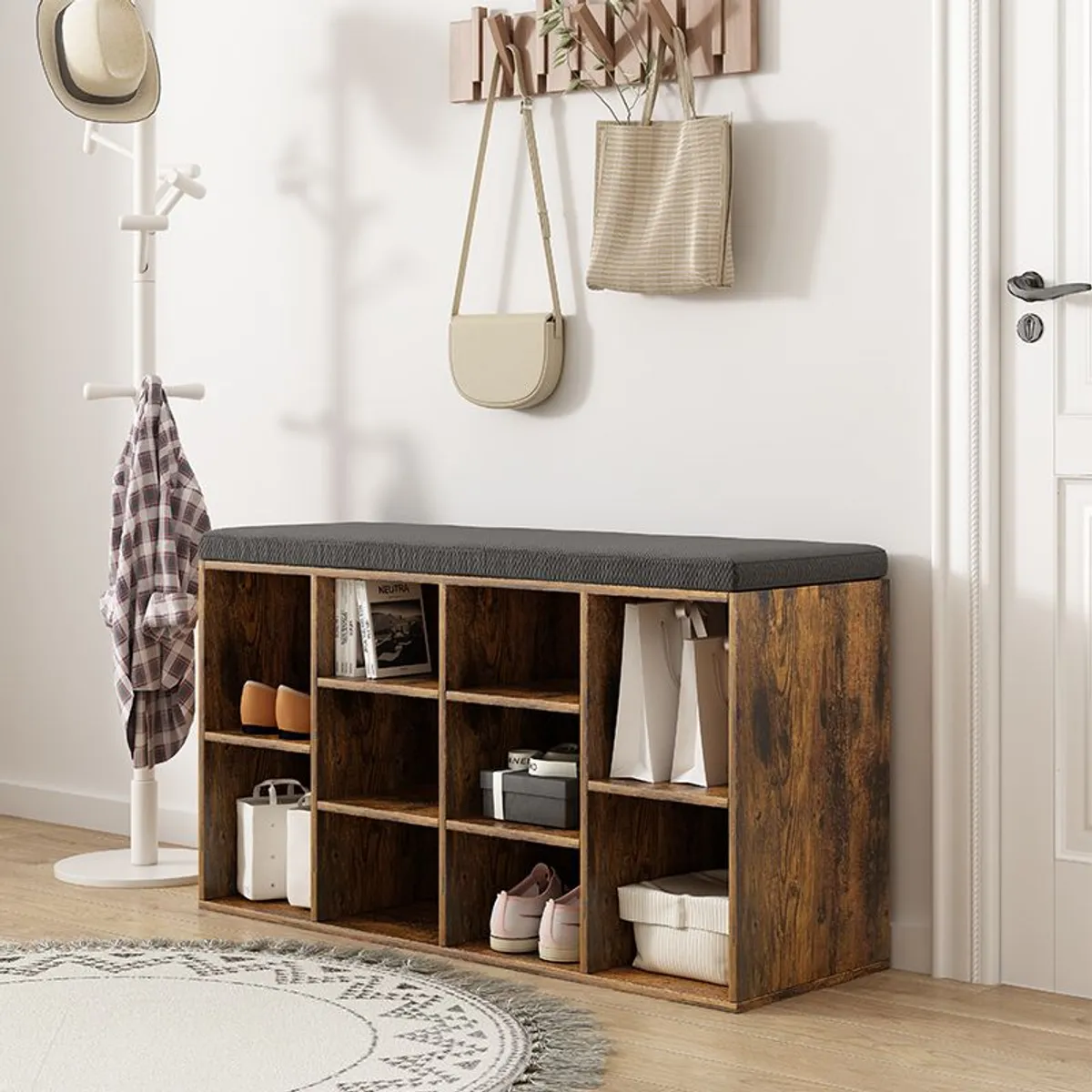 IDEEHOUSE - Zapatero de Madera Multifuncional con Asiento Acolchado