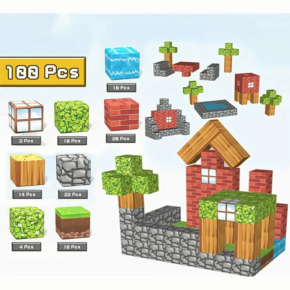 MUNDO MAGIA - Juguete Magnético De Mine-craft 100 Unidades De Bloques