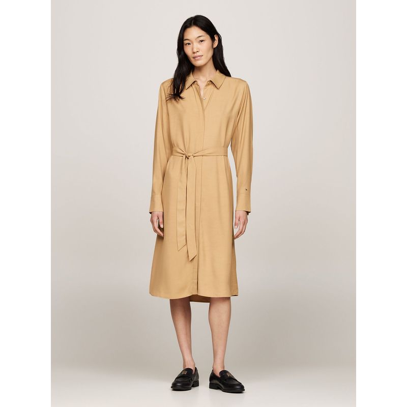 TOMMY HILFIGER - Vestido Midi Con Cinturón Beige Tommy Hilfiger