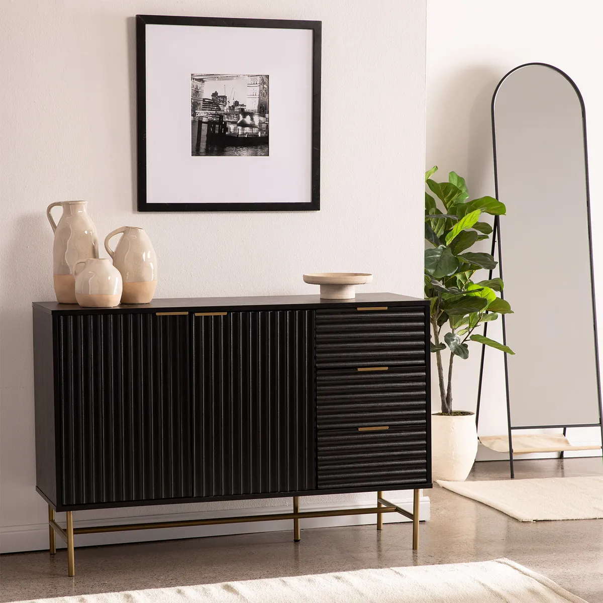 RELAN - Aparador Buffet Negro Dorado Top Living Brooklyn Vajillero