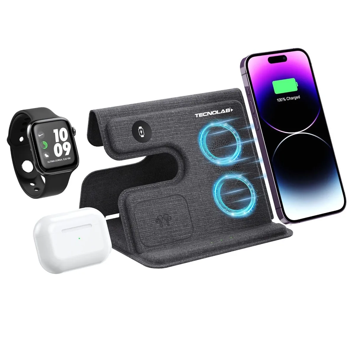 TECNOLAB - Cargador Inalámbrico QI Plegable 3 en 1 Carga Rápida - SC