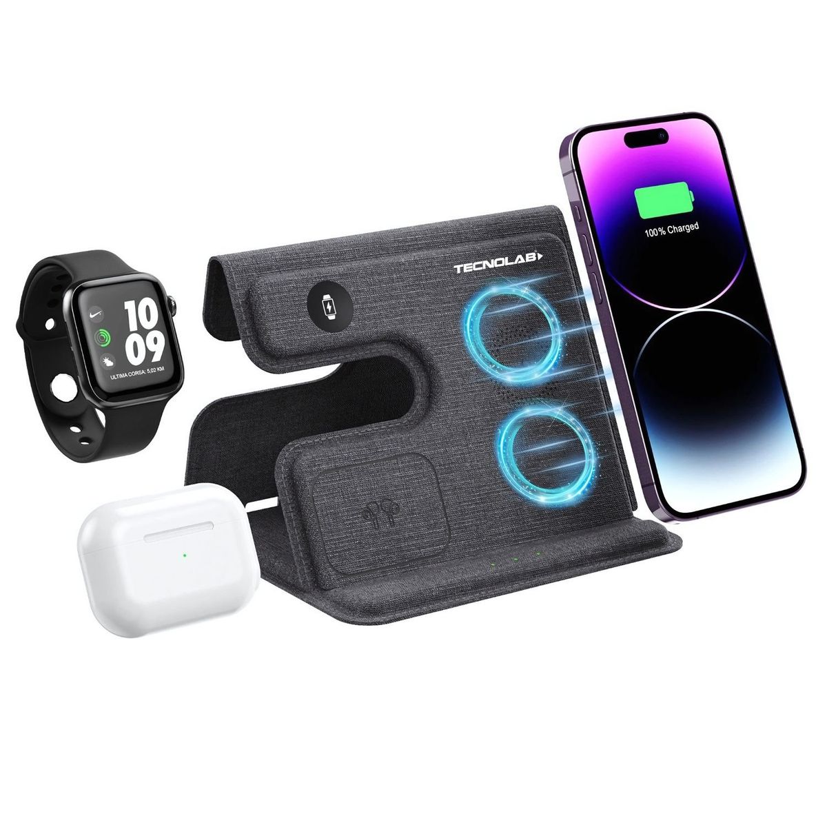 TECNOLAB - Cargador Inalámbrico QI Plegable 3 en 1 Carga Rápida - SC
