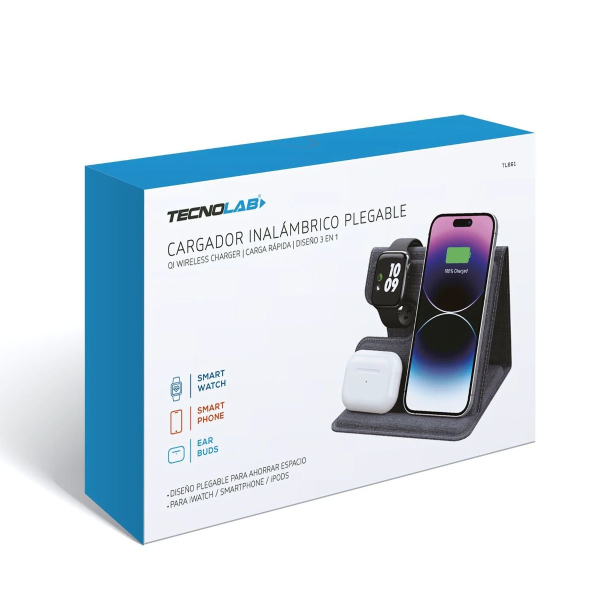 TECNOLAB - Cargador Inalámbrico QI Plegable 3 en 1 Carga Rápida - SC