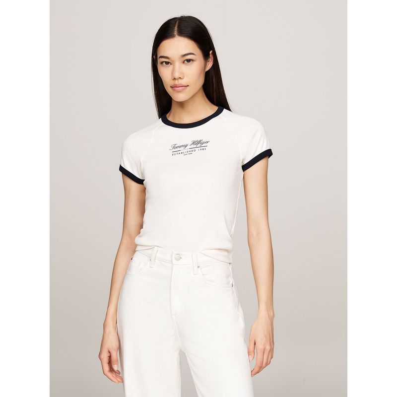 TOMMY HILFIGER - Polera Slim Fit Con Logo Script Blanco Tommy Hilfiger