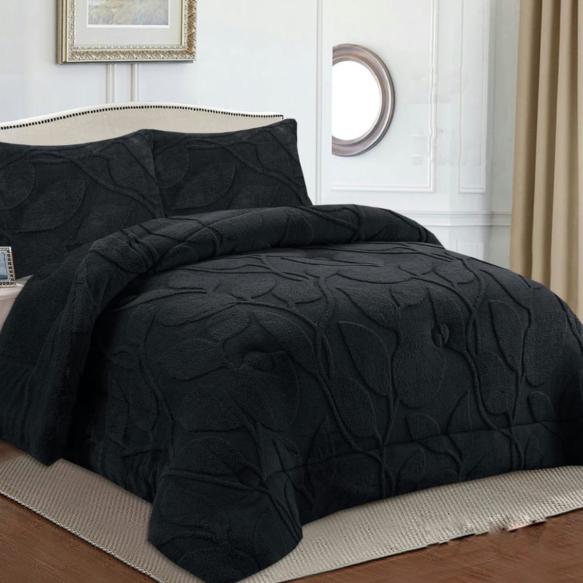 GENERICO - COBERTOR TEXTURIZADO DE FLORES CON CHIPORRO COLOR NEGRO 2 PLAZA TF