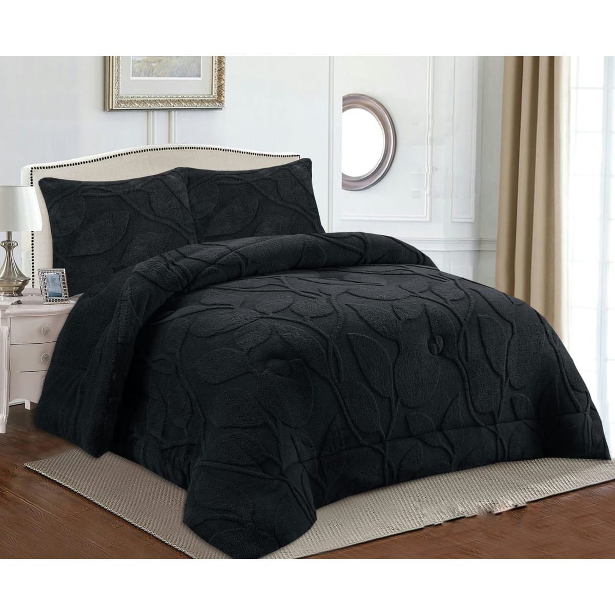 GENERICO - COBERTOR TEXTURIZADO DE FLORES CON CHIPORRO COLOR NEGRO 2 PLAZA TF