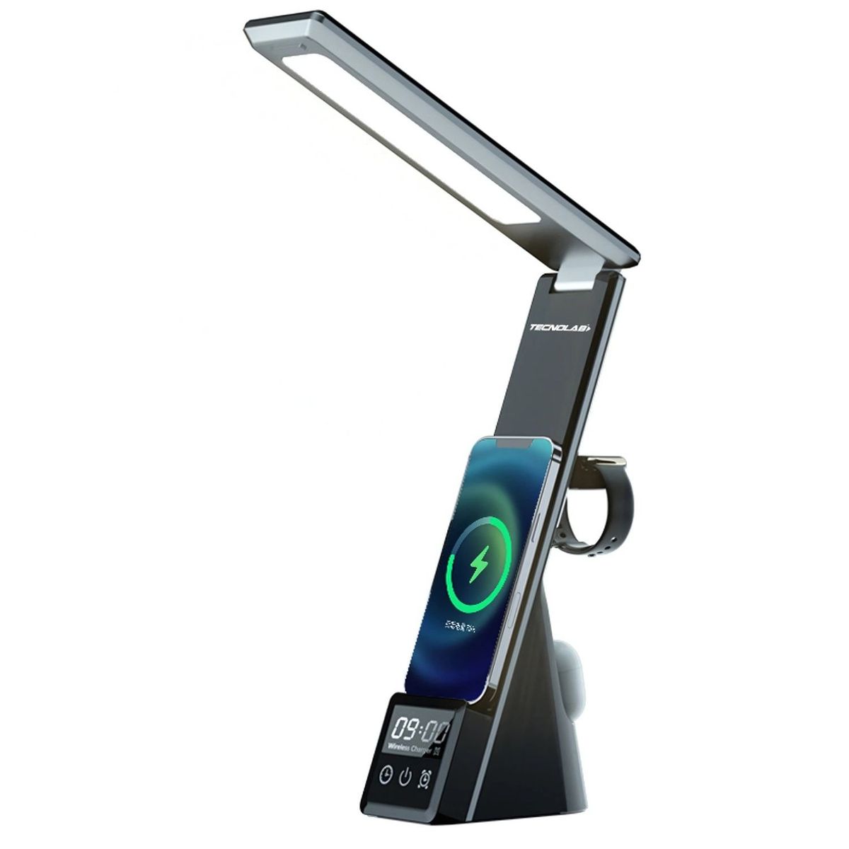 TECNOLAB - Lámpara Escritorio 4 en 1 con Cargador Inalámbrico Qi - SC