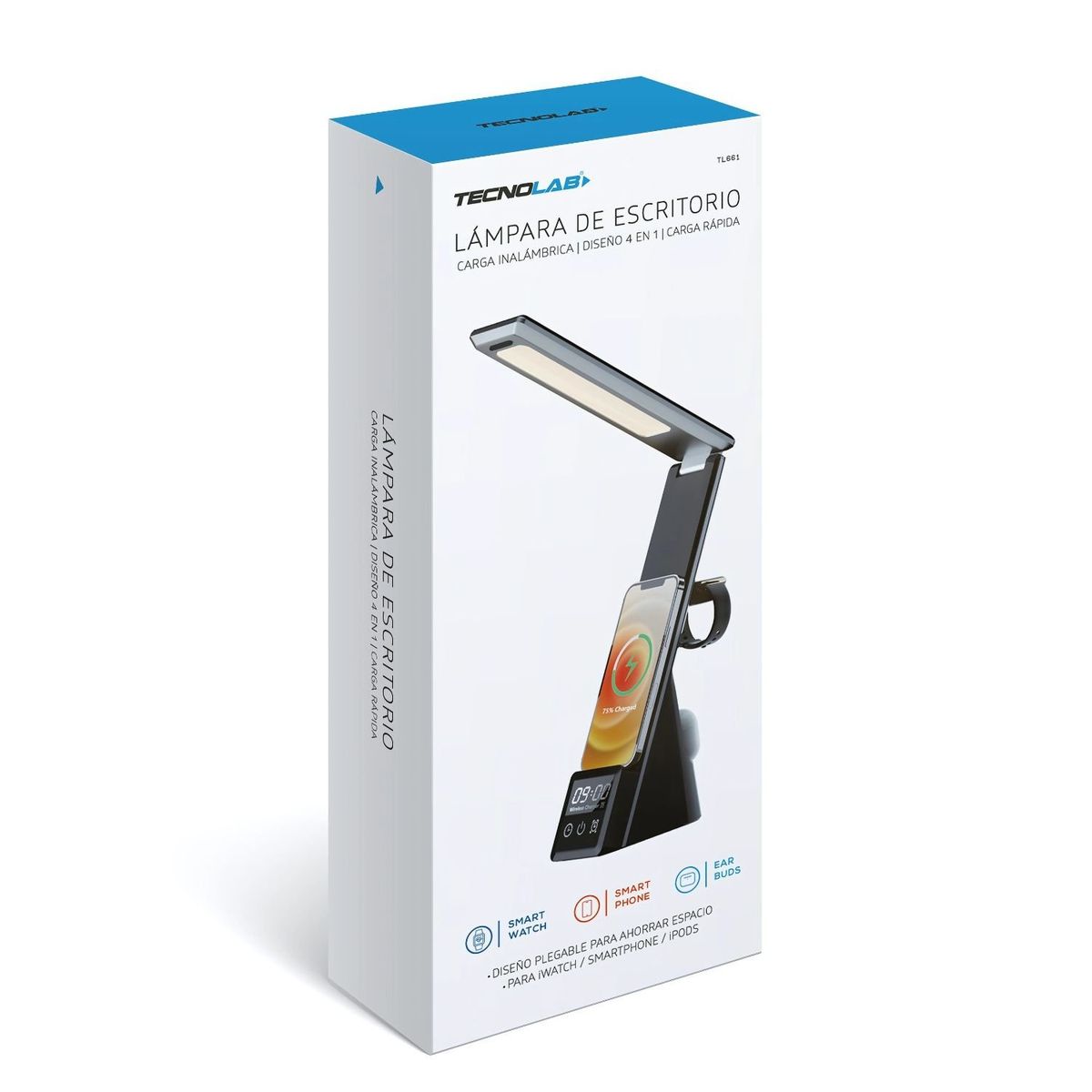 TECNOLAB - Lámpara Escritorio 4 en 1 con Cargador Inalámbrico Qi - SC