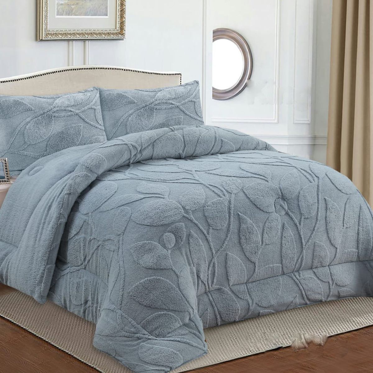 GENERICO - COBERTOR TEXTURIZADO DE FLORES CON CHIPORRO COLOR GRIS CLARO KING TF