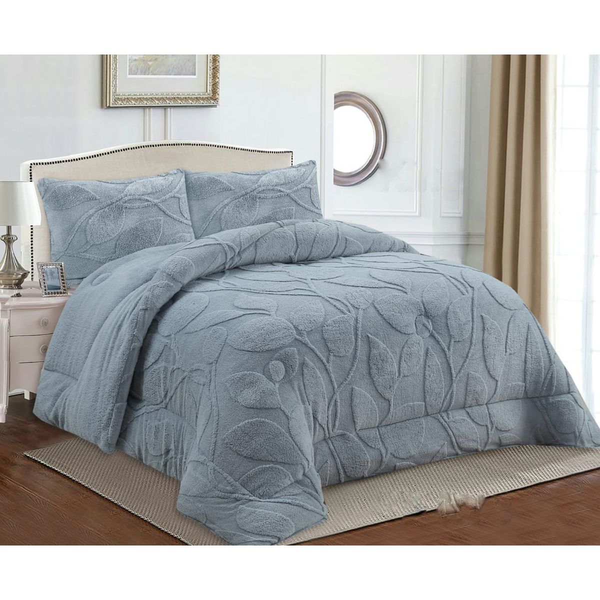 GENERICO - COBERTOR TEXTURIZADO DE FLORES CON CHIPORRO COLOR GRIS CLARO KING TF